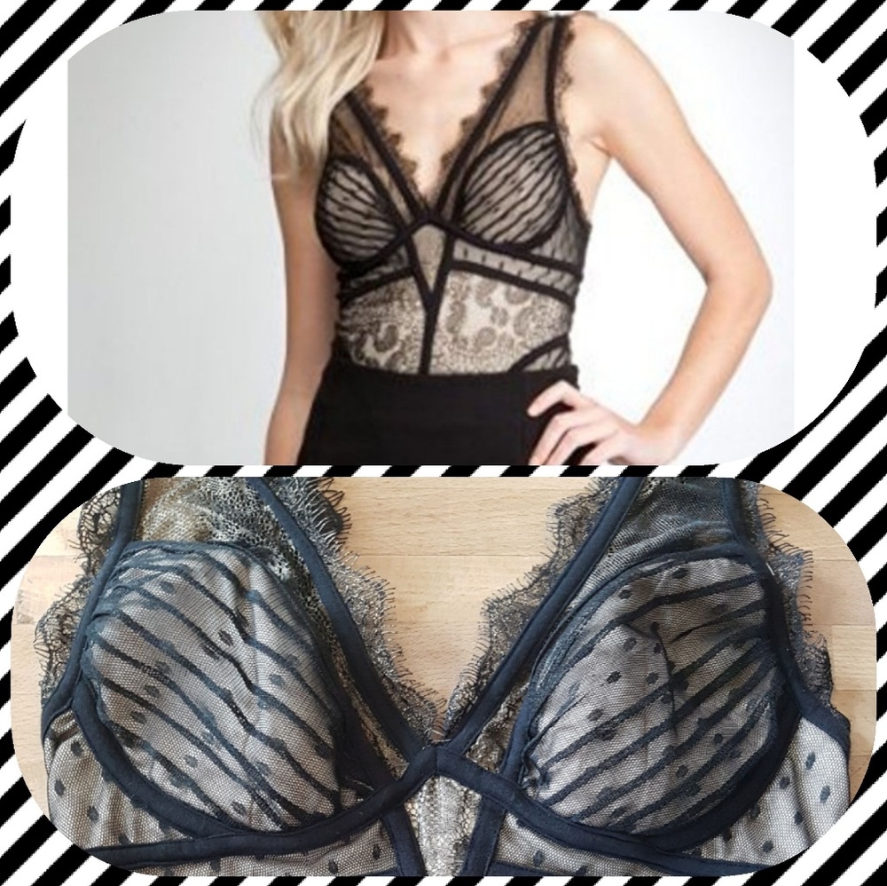 Bebe V-Neck Mixed Lace Bodysuit